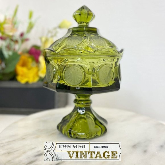 Fostoria Accents Vintage Fostoria Olive Green Coin Candy Dish